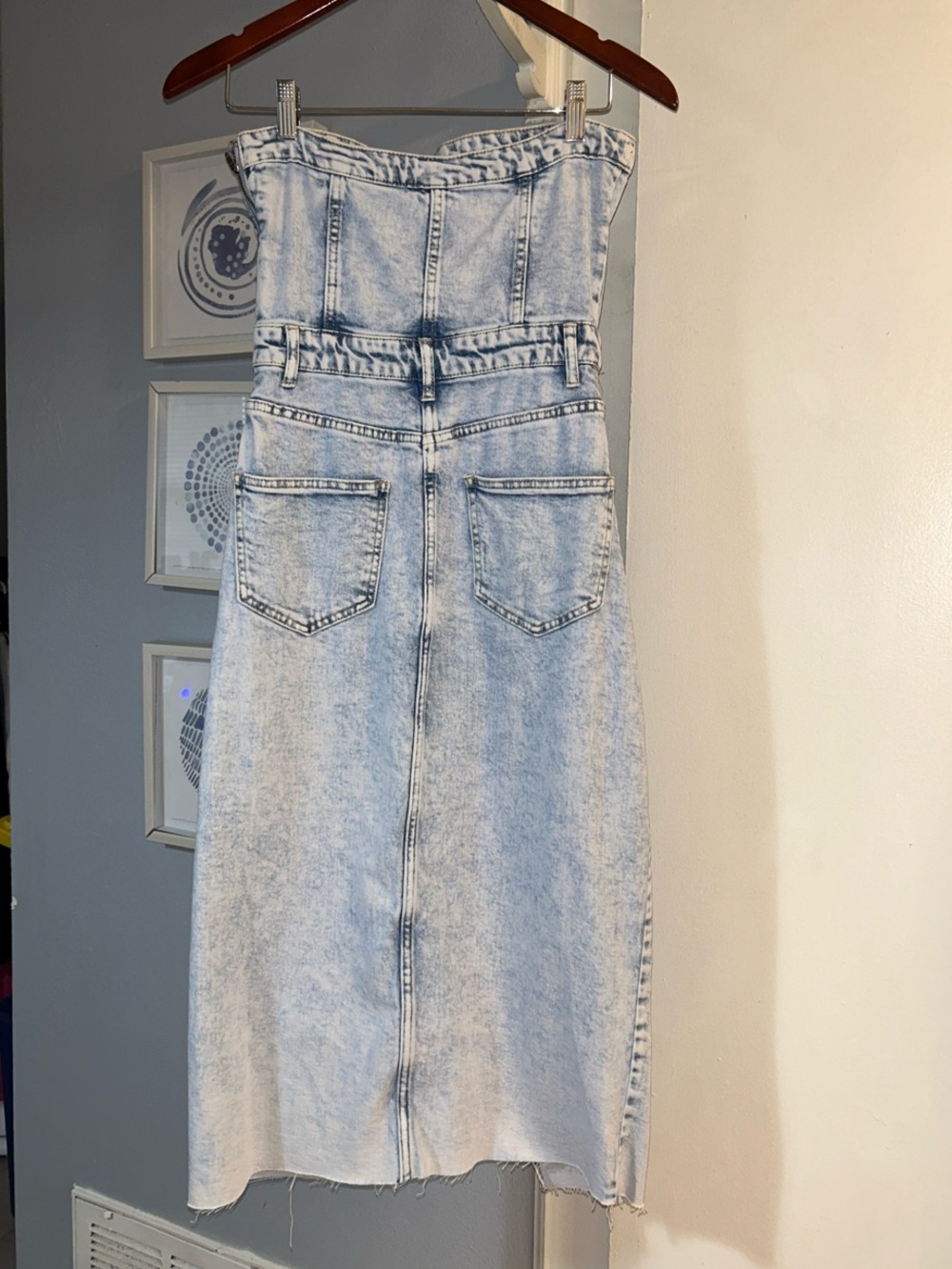 GB Gianni Bini Size S Strapless Denim Raw Hem Midi Dress Acid Wash Slit NWT - Picture 3 of 8